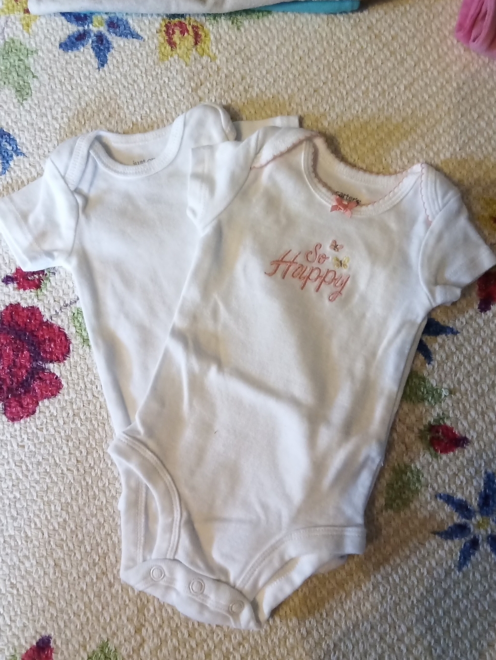 Carter's White Short-Sleeve One-Piece with Pink "So Happy" Embroidery